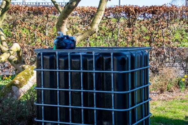 ibc-container-zwart-met-pomp-accu-1000L-vernieuwd-pallet-metaal-of-kunststof-zijaanzicht-achteraanzicht-zonder-uitgaande-slang-in-tuinomgeving.jpg